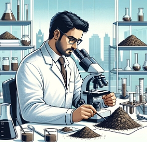 Ilustra&ccedil;&atilde;o de um ped&oacute;logo fazendo o estudo do solo em seu laborat&oacute;rio