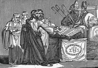 Ilustra&ccedil;&atilde;o mostrando Pedro Valdo diante dos inquisidores