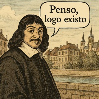 Ilustra&ccedil;&atilde;o de Descartes dizendo a frase famosa 