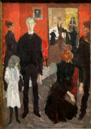 Pintura mostrando pessoas num vel&oacute;rio