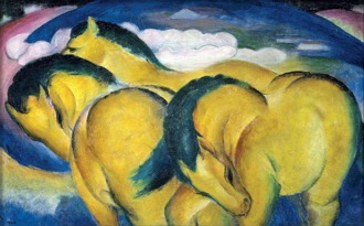 Pintura mostrando tr&ecirc;s cavalos amarelos, juntos e de cabe&ccedil;as para baixo