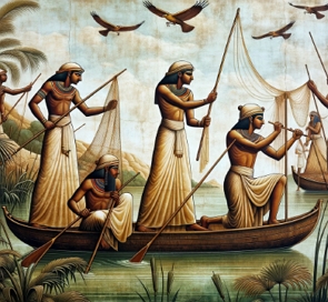 Ilustração mostrando pescadores do Egito Antigo