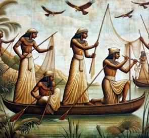 Ilustra&ccedil;&atilde;o mostrando pescadores do Egito Antigo