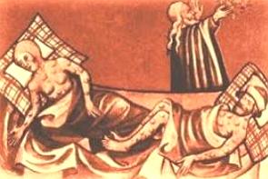 Imagem medieval mostrando duas pessoas doentes com peste negra