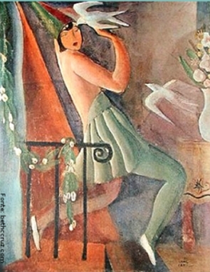 Pintura de uma mulher segurando um p&aacute;ssaro branco
