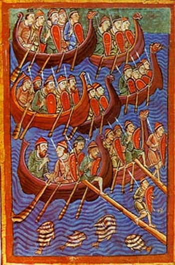 Pintura de embarca&ccedil;&otilde;es com guerreiros vikings