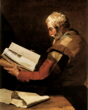 Anax&aacute;goras retratado numa pintura lendo um livro.