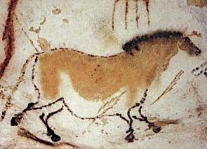 Desenho de um cavalo pintado na parede de uma caverna, arte pré-histórica