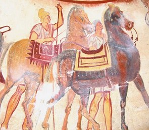 Pintura colorida de dois homens e dois cavalos