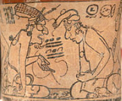 Pintura maia em um vaso, detalhe para a escrita maia no centro