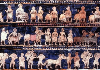 Pintura mesopot&acirc;mica mostrando pessoas e animais