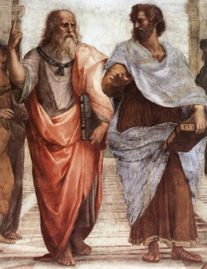 Pintura mostrando Platão ao lado de Aristóteles
