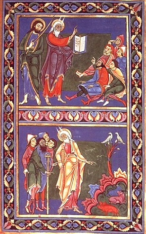 Pintura medieval mostrando um religioso ensinando para v&aacute;rias pessoas