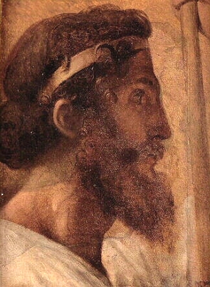 Retrato pintado de Pis&iacute;strato, homem branco de cabelo castanho e barba