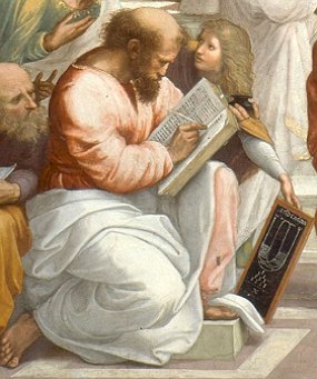 Pintura mostrando Pit&aacute;goras escrevendo num caderno ou livro.