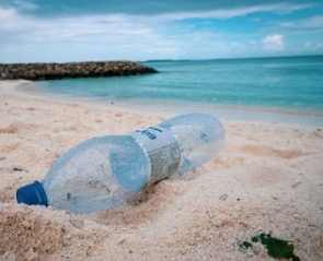 Garrafa de água de plástico jogada na areia do mar