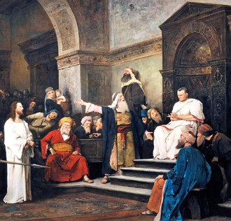 Pintura mostrando P&ocirc;ncio Pilatos diante de Jesus Cristo