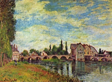 Pintura A ponte e os Moinhos de Moret de Alfred Sisley