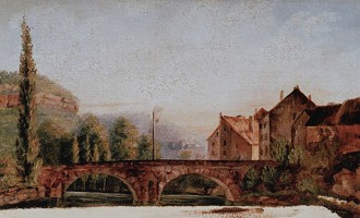 Pintura mostrando uma ponte, casas e árvores