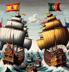 Ilustração mostrando uma caravela com a bandeira da Espanha e outra com a de Portugal