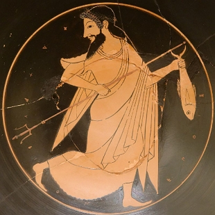 Pintura grega antiga mostrando Poseidon com seu tridente e um peixe