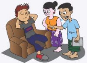 Desenho mostrando um homem dormindo no sof&aacute; e outras duas pessoas bravas reclamando da pregui&ccedil;a dele.