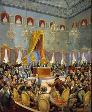 Pintura da Assembleia Constituinte que aprovou, em 1822, a primeira constitui&ccedil;&atilde;o portuguesa