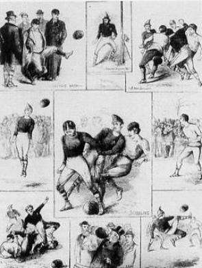 Ilustração mostrando cenas da primeira partida de futebol entre Seleções