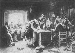 Pintura mostrando os primeiros colonos dos Estados Unidos