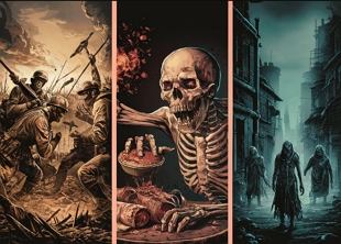 Imagem representando simbolicamente com illustra&ccedil;&otilde;es, a guerra, a morte e a mis&eacute;ria.