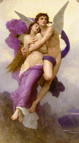 Pintura mostrando Psiqu&ecirc; sendo abra&ccedil;ada por Eros
