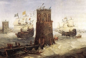 Embarcações cruzadas fazendo o cerco ao porto egípcio na Quinta Cruzada.