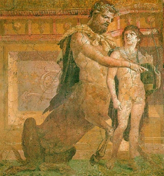 Afresco romano mostrando um Qu&iacute;ron e o her&oacute;i Aquiles 