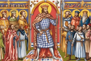 Ilustração mostrando o rei com mais poder do que os religiosos, camponeses e nobres medievais.