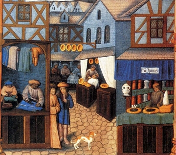 Renascimento comercial e urbano no final da Idade M&eacute;dia (pintura de uma feira medieval)