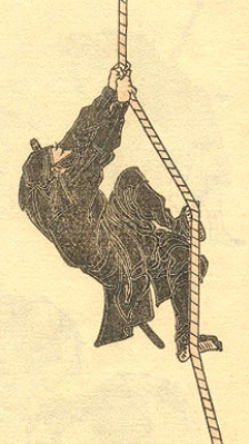 Pintura do s&eacute;culo XIX representando um ninja vestido de preto, subindo por uma corda.