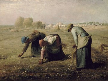 Pintura de uma cena rural mostrando tr&ecirc;s mulheres colhendo trigo