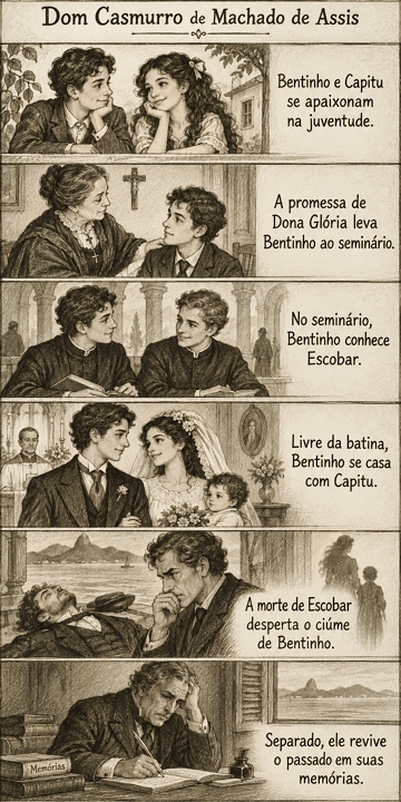 Resumo ilustrado da obra Dom Casmurro