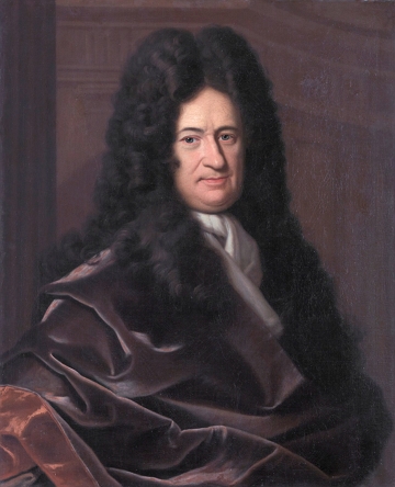 Retrato pintado de Leibniz, homem de meia idade, branco com cabelos escuros compridos