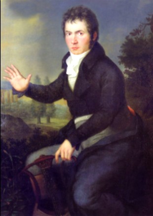 Retrato pintado de Beethoven como se estivesse acenando com uma das mãos.