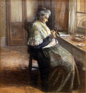 Pintura de uma mulher idosa sentada numa cadeira