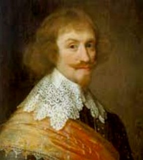 Pintura de um retrato de um homem branco, loiro e de bigode.