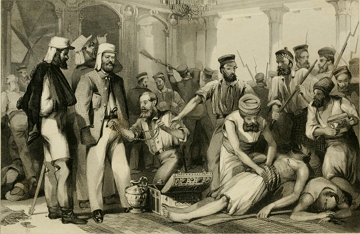 Imagem mostrando os brit&acirc;nicos pilhando Qaisar Bagh ap&oacute;s a Revolta dos Cipaios