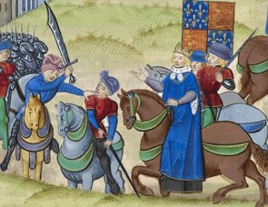 Pintura medieval mostrando homens com armas sobre cavalos.