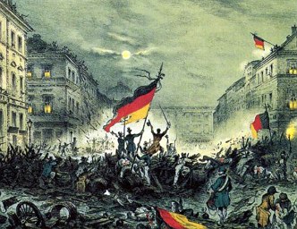 Pintura mostrando uma cena da revolu&ccedil;&atilde;o de 1848 na Alemanha