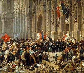 Lamartine em frente &agrave; C&acirc;mara Municipal de Paris rejeita a bandeira vermelha em 25 de fevereiro de 1848