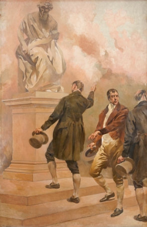 Pintura de parlamentares portugu&ecirc;s na frente de uma est&aacute;tua