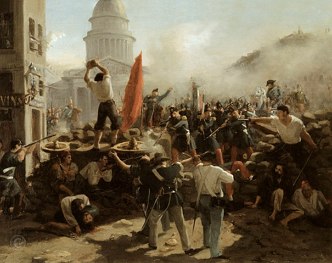 Imagem de barricadas em Paris no ano de 1848 durante o processo revolucion&aacute;rio