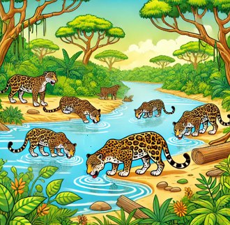 Desenho mostrando on&ccedil;as tomando &aacute;gua e nas margens de um rio no meio de uma floresta.
