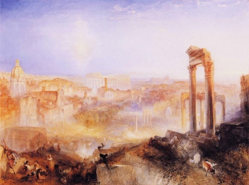 Pintura mostrando uma parte hist&oacute;rica da cidade de Roma com animais e pessoas
